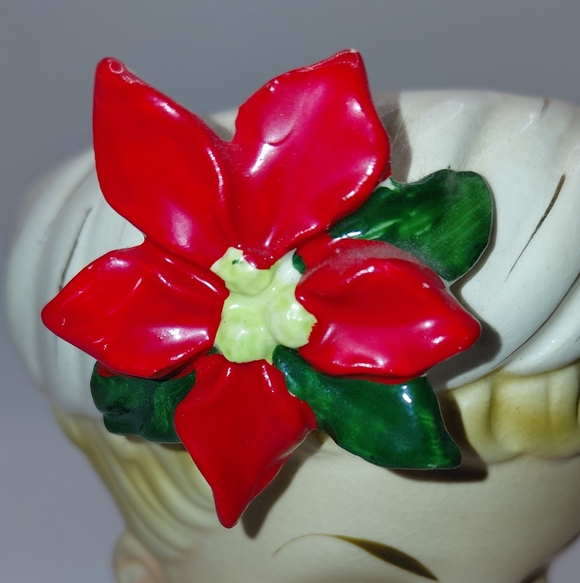Vtg 1961 Inarco Blonde Girl Christmas Head Vase Earrings Hat Poinsettia VGVC - Picture 5 of 12